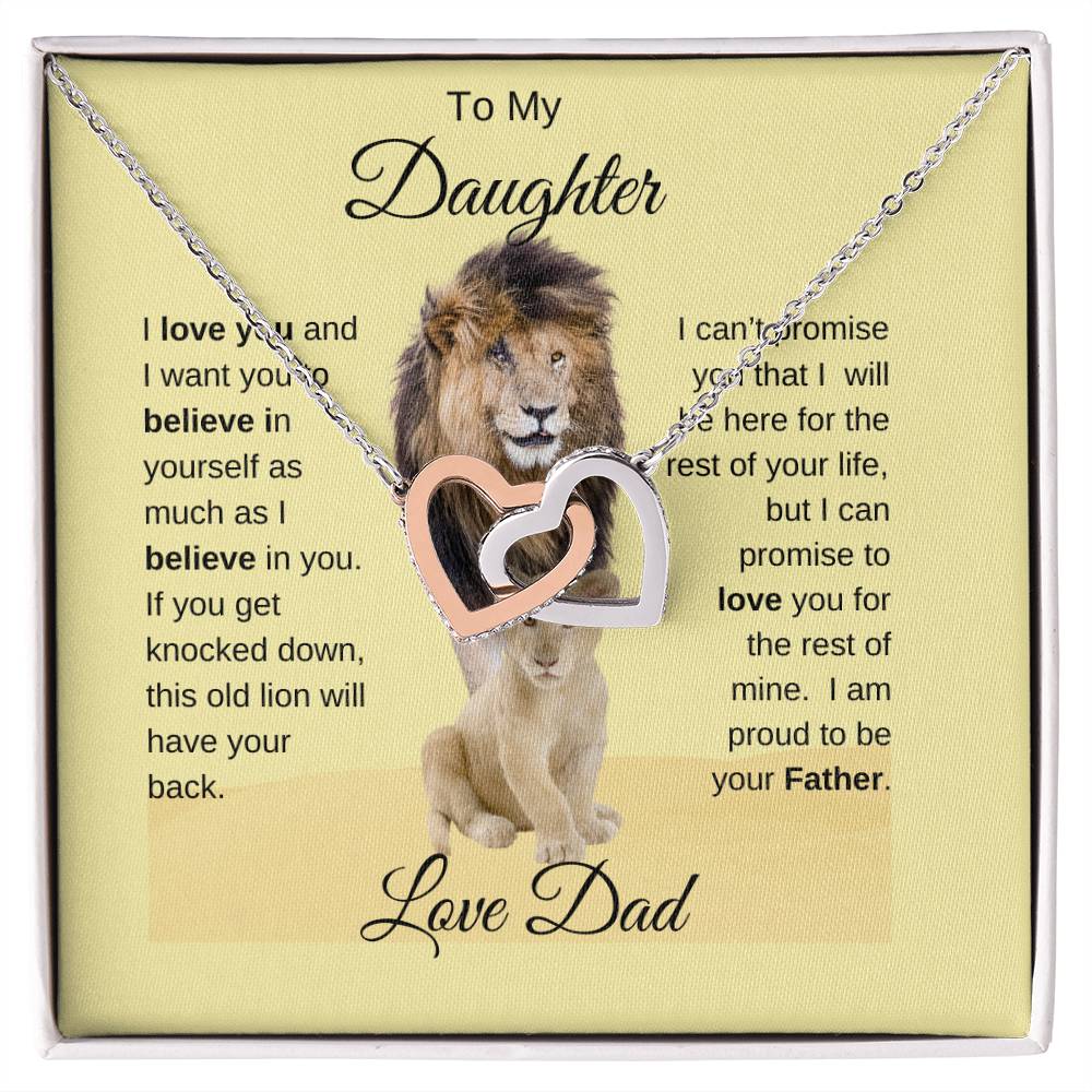 To My Daughter Necklace -Lion Card -Love Dad - Interlocking Hearts
