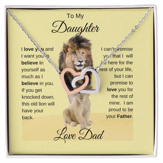 To My Daughter Necklace -Lion Card -Love Dad - Interlocking Hearts