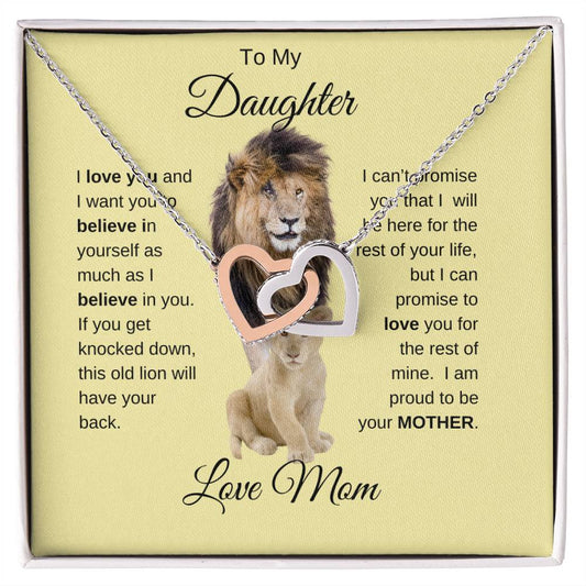 To My Daughter Necklace with Lion Card - Love Mom - Interlocking Hearts
