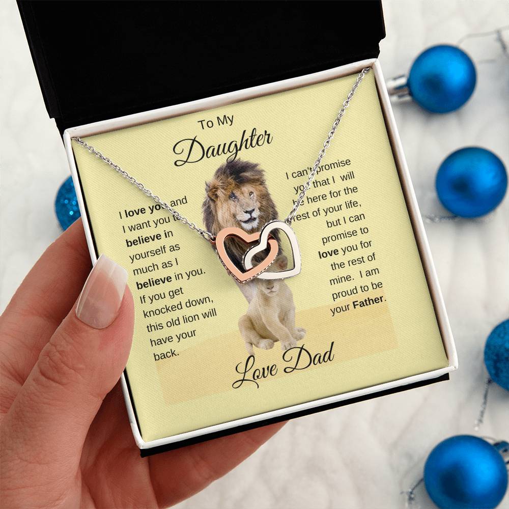 To My Daughter Necklace -Lion Card -Love Dad - Interlocking Hearts