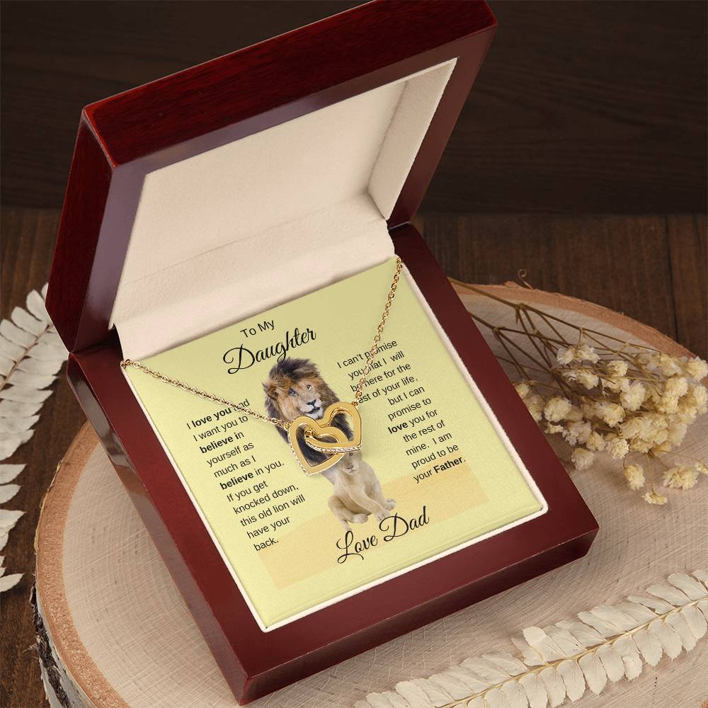 To My Daughter Necklace -Lion Card -Love Dad - Interlocking Hearts