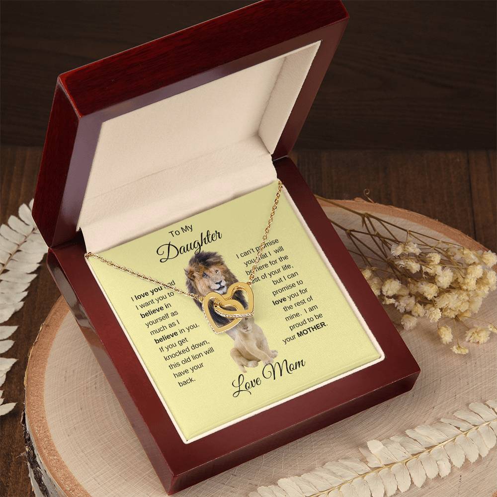 To My Daughter Necklace with Lion Card - Love Mom - Interlocking Hearts