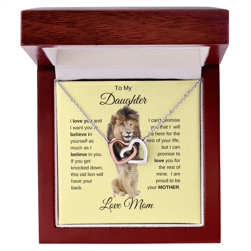 To My Daughter Necklace with Lion Card - Love Mom - Interlocking Hearts
