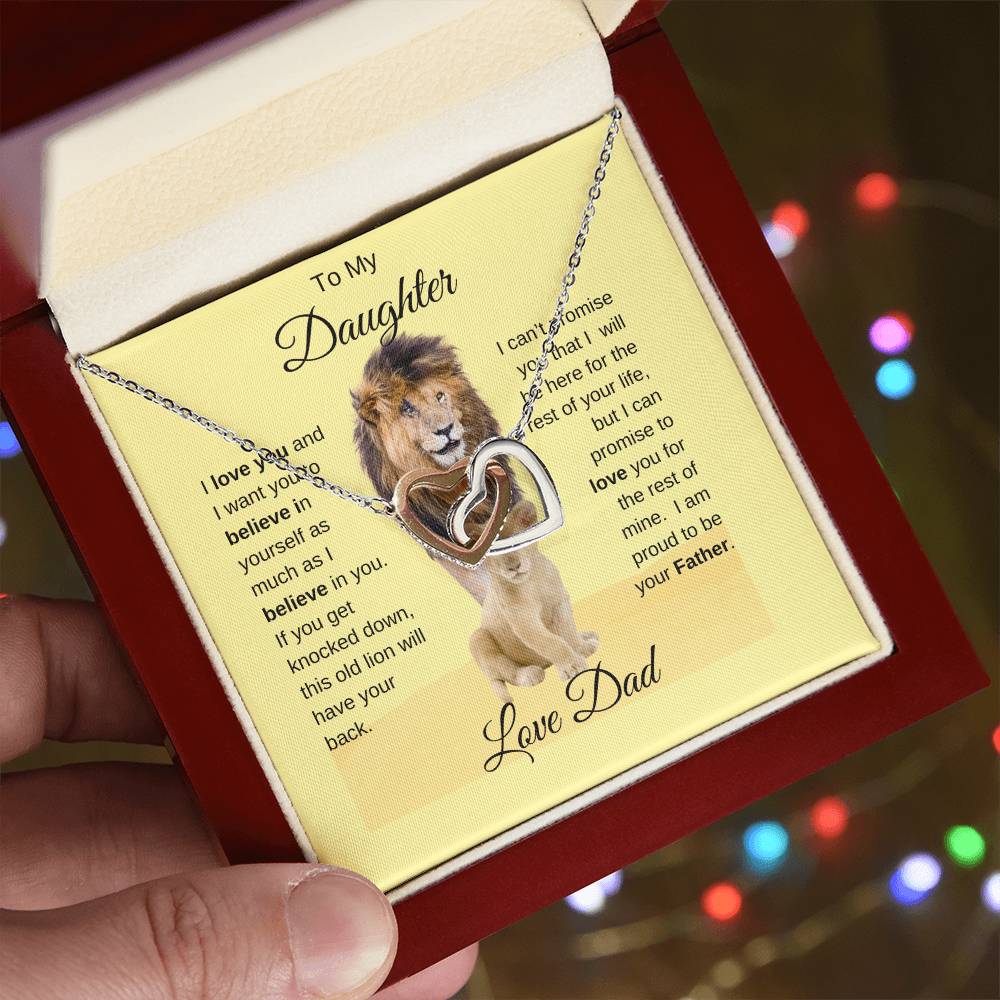 To My Daughter Necklace -Lion Card -Love Dad - Interlocking Hearts