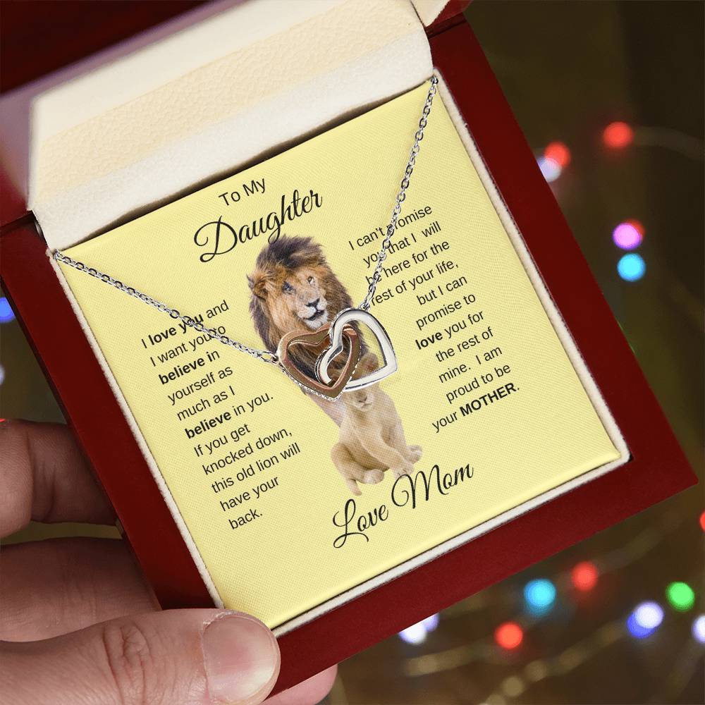 To My Daughter Necklace with Lion Card - Love Mom - Interlocking Hearts