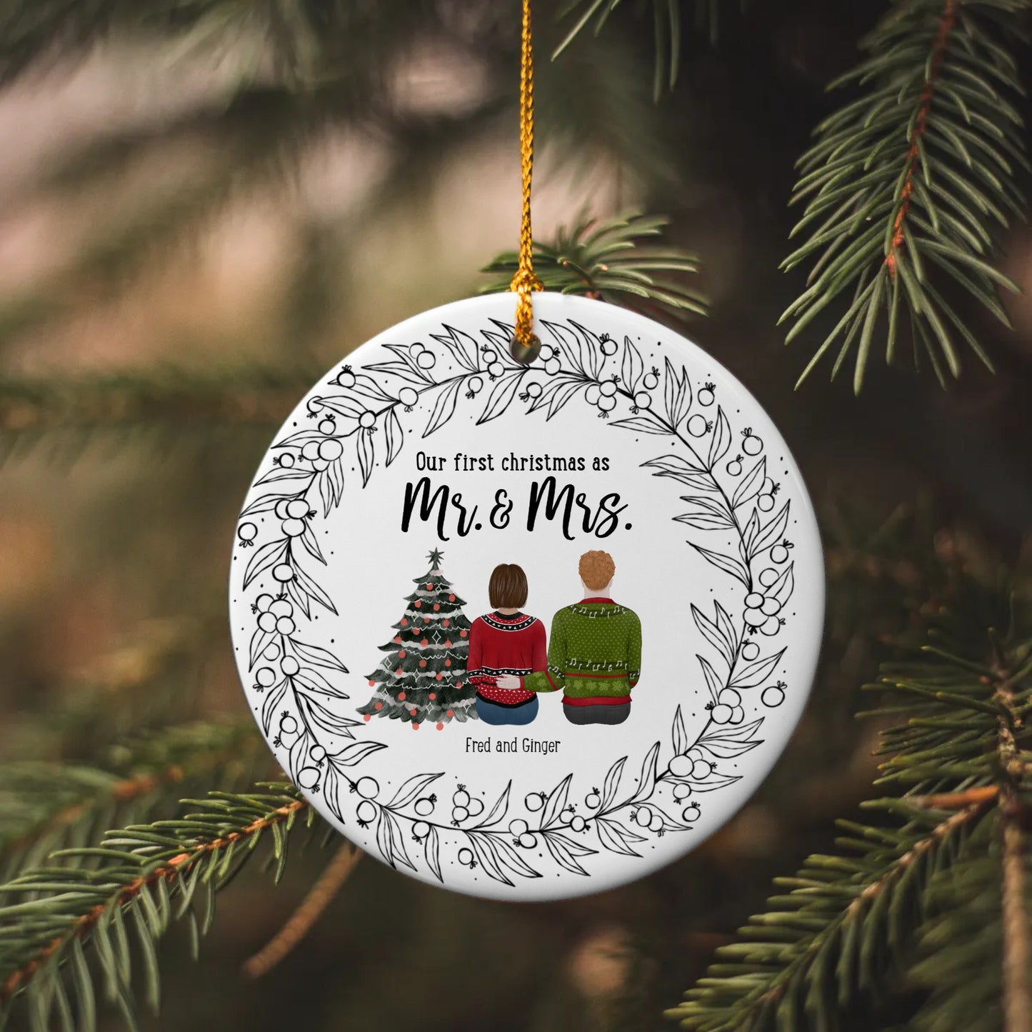 Mr & Mrs Christmas Circle Ornament- same sex couples option available